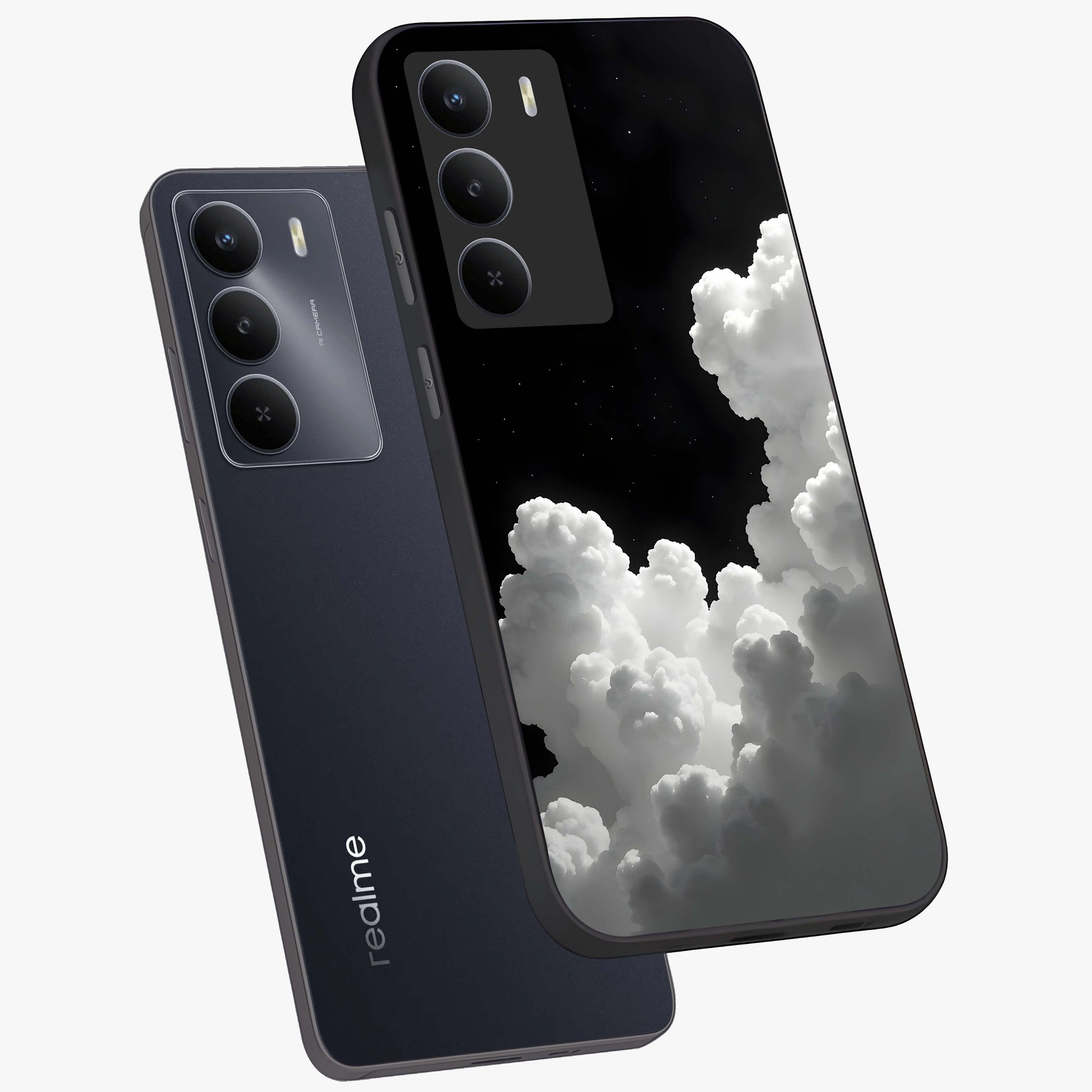 Black Background With White Cloud Glass Case displayed in angled mockup highlighting soft white cloud illustration and minimal design.