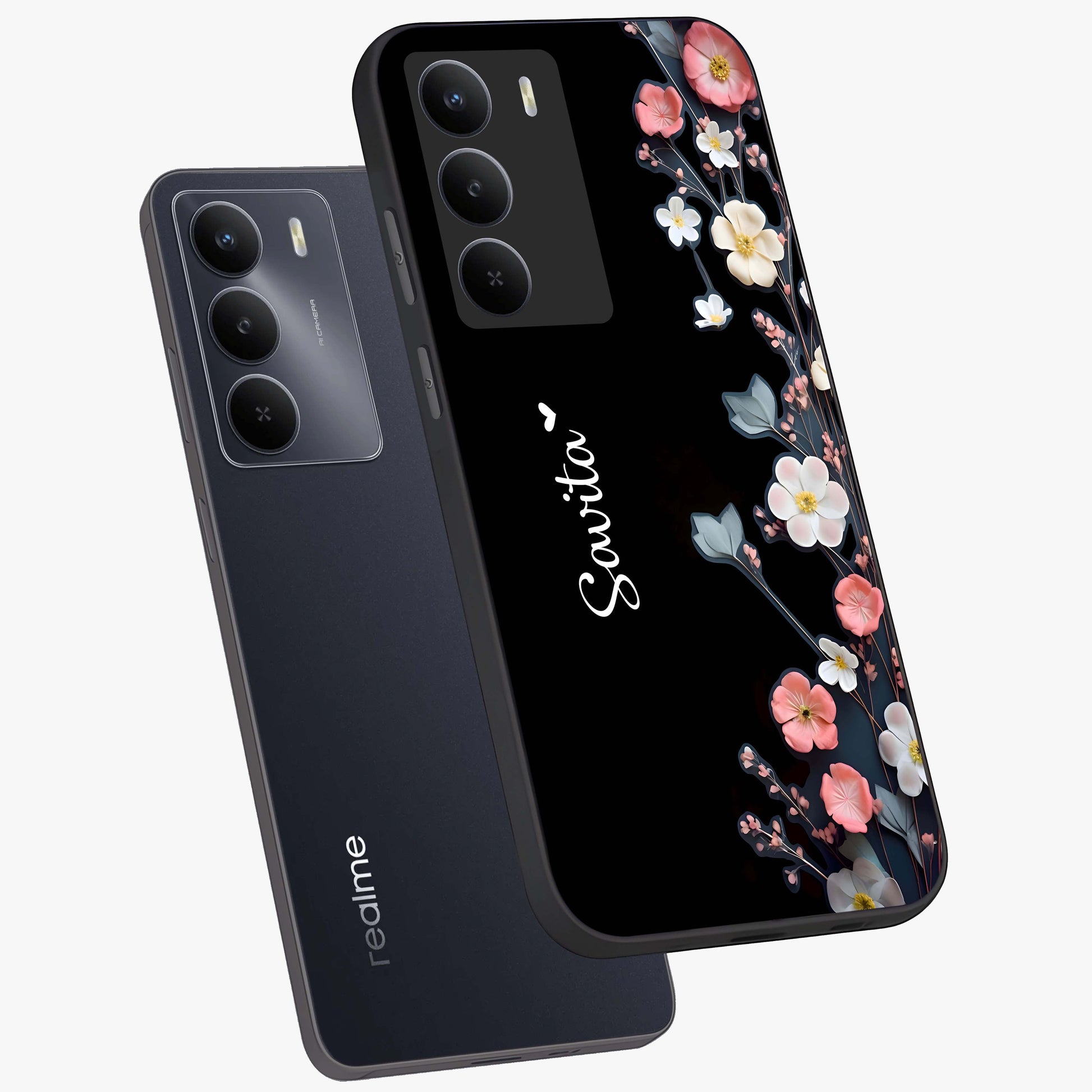 Black Elegance Floral Custom Name Glass Case displayed in angled mockup highlighting dark floral aesthetic and custom name feature.