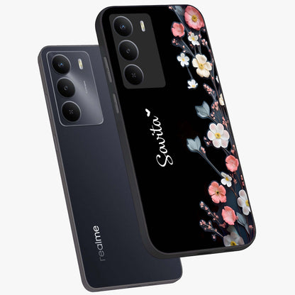 Black Elegance Floral Custom Name Glass Case displayed in angled mockup highlighting dark floral aesthetic and custom name feature.