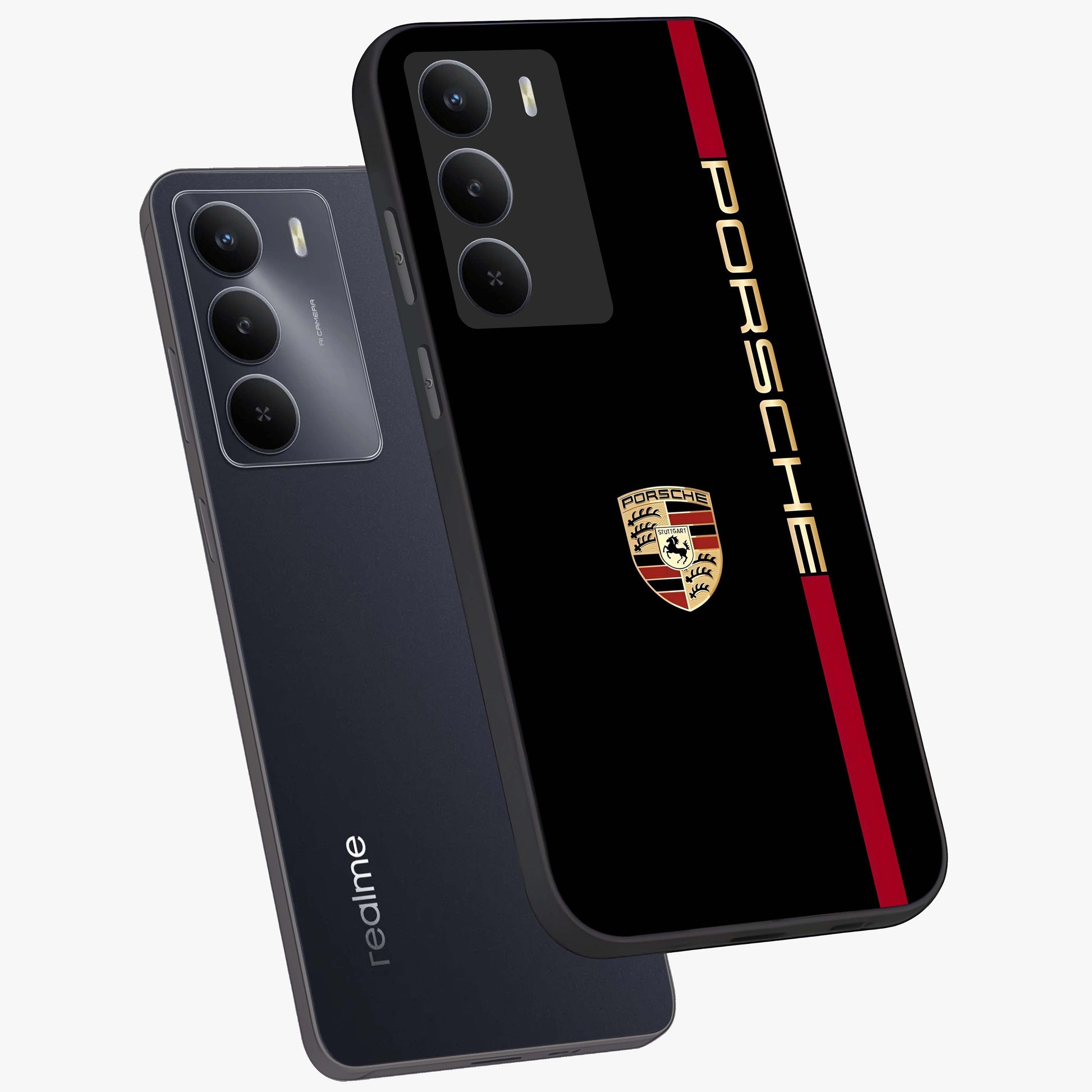 Black Minimal Porsche Glass Case displayed in angled mockup highlighting modern minimal car illustration and clean aesthetic design.