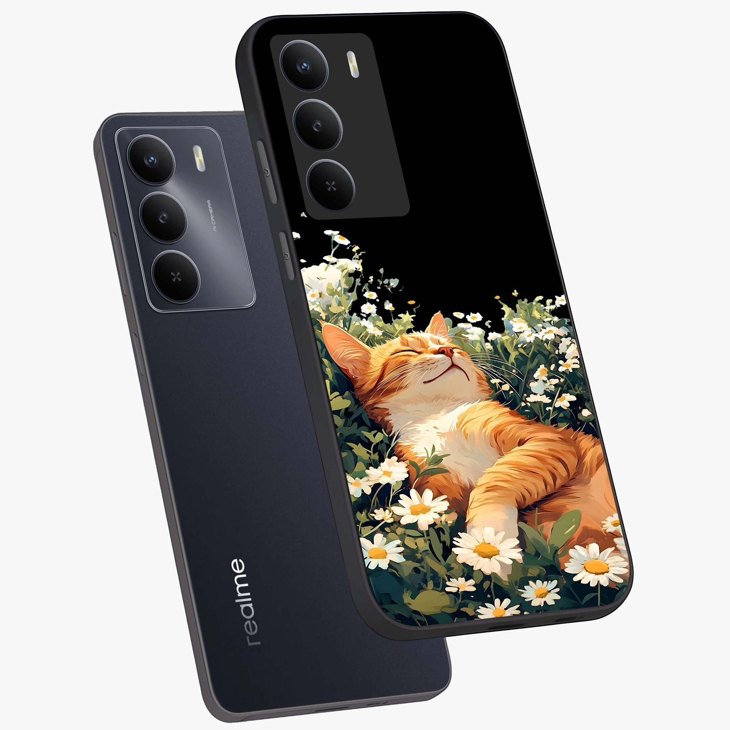 Blissful Bloom Cat Glass Case displayed in angled mockup highlighting playful feline illustration with soft floral aesthetic.