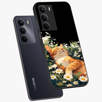 Blissful Bloom Cat Glass Case displayed in angled mockup highlighting playful feline illustration with soft floral aesthetic.