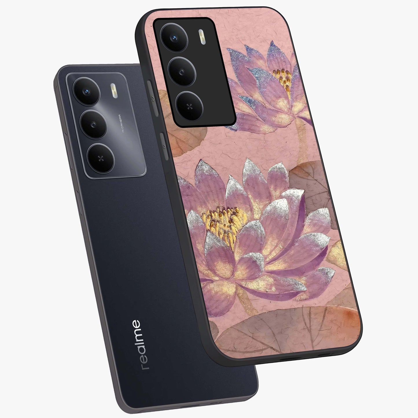 Blossom Mist Lotus Glass Case displayed in angled mockup highlighting delicate lotus illustration with calm aesthetic theme.