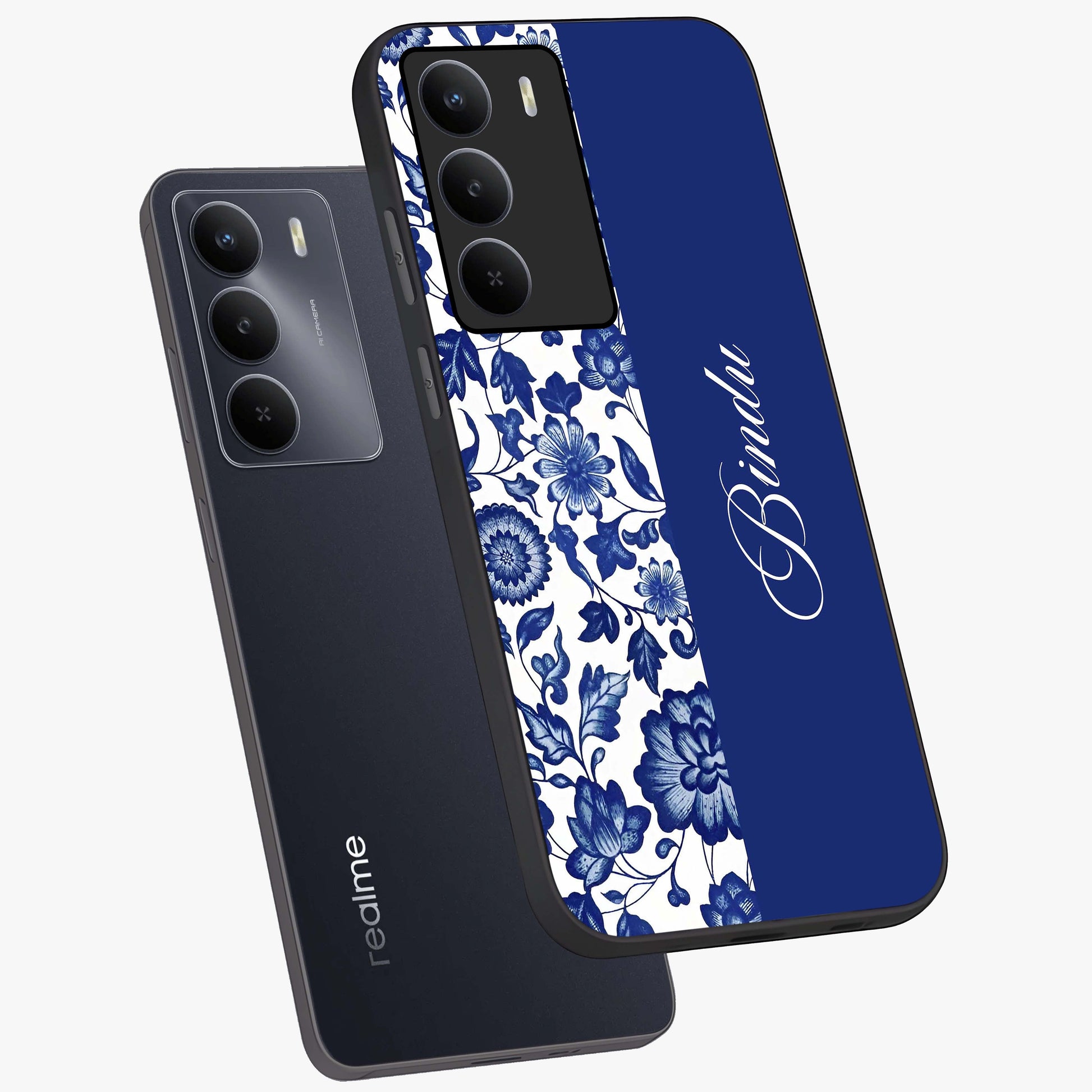 Blue Vintage Floral Pattern Glass Case displayed in angled mockup highlighting subtle bloom pattern with aesthetic pastel design.