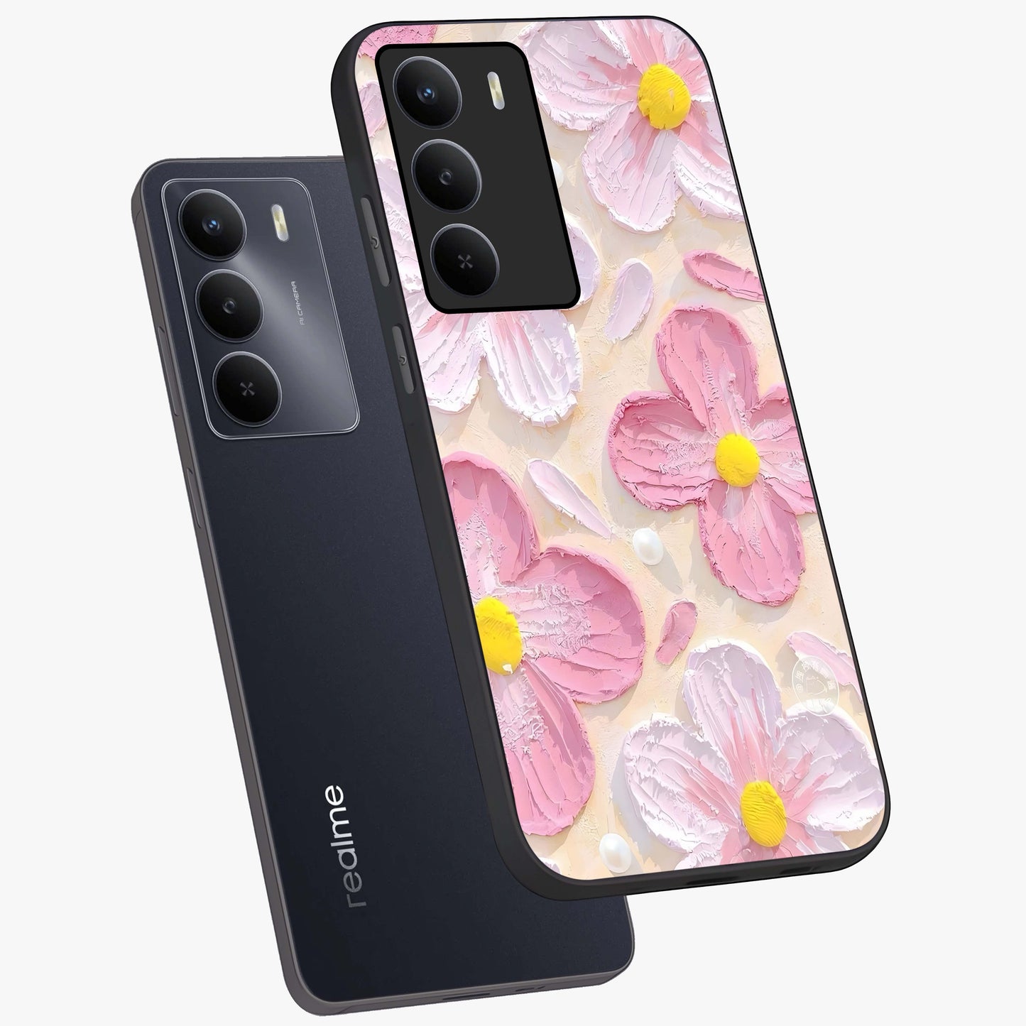 Blush Bloom Texture Glass Case displayed in angled mockup highlighting subtle bloom pattern with aesthetic pastel design.