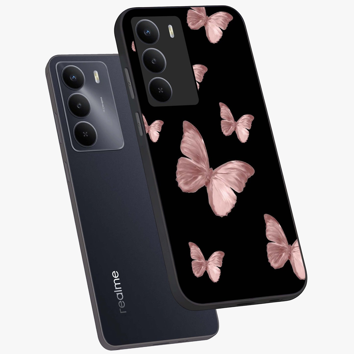 Butterfly Pattern Glass Case displayed in angled mockup highlighting delicate butterfly design and aesthetic pattern style.