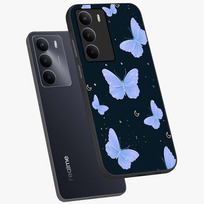 Butterfly With Stars Pattern Glass Case displayed in angled mockup highlighting dreamy butterfly and star design with aesthetic theme.