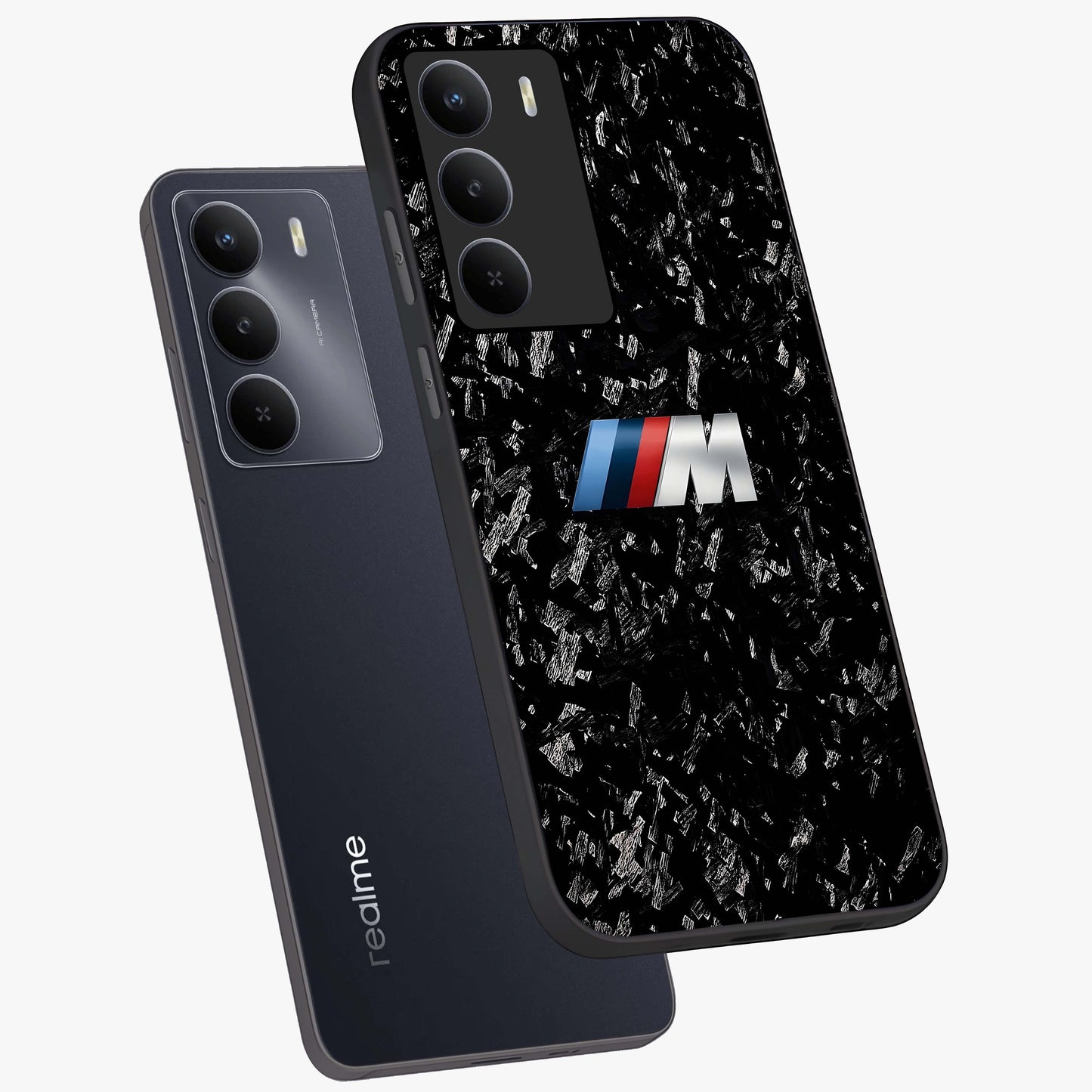 Carbon Speed Mark Glass Case displayed in angled mockup highlighting racing inspired carbon design and sleek aesthetic style.