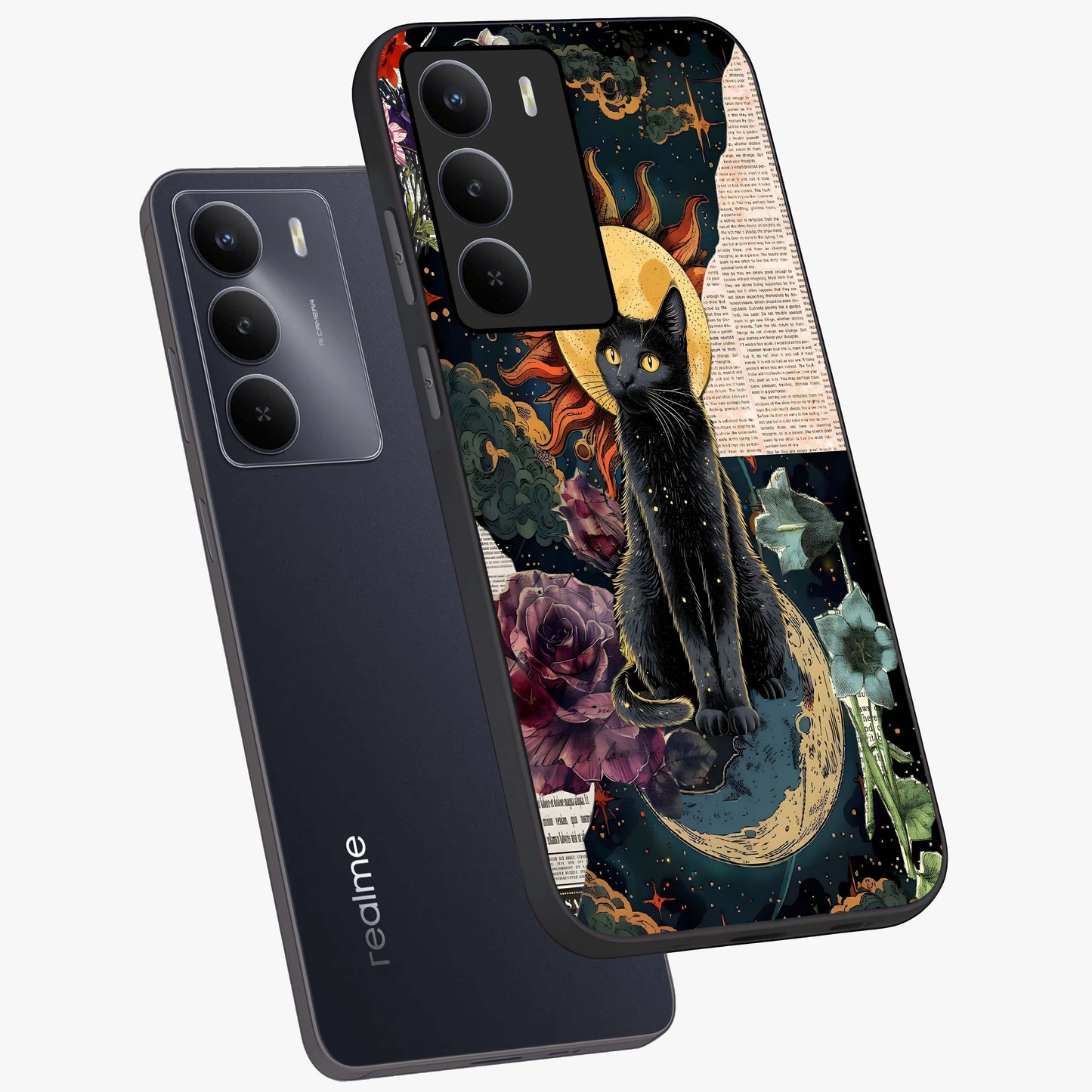 Celestial Black Cat Glass Case displayed in angled mockup highlighting cosmic black cat design with celestial aesthetic.