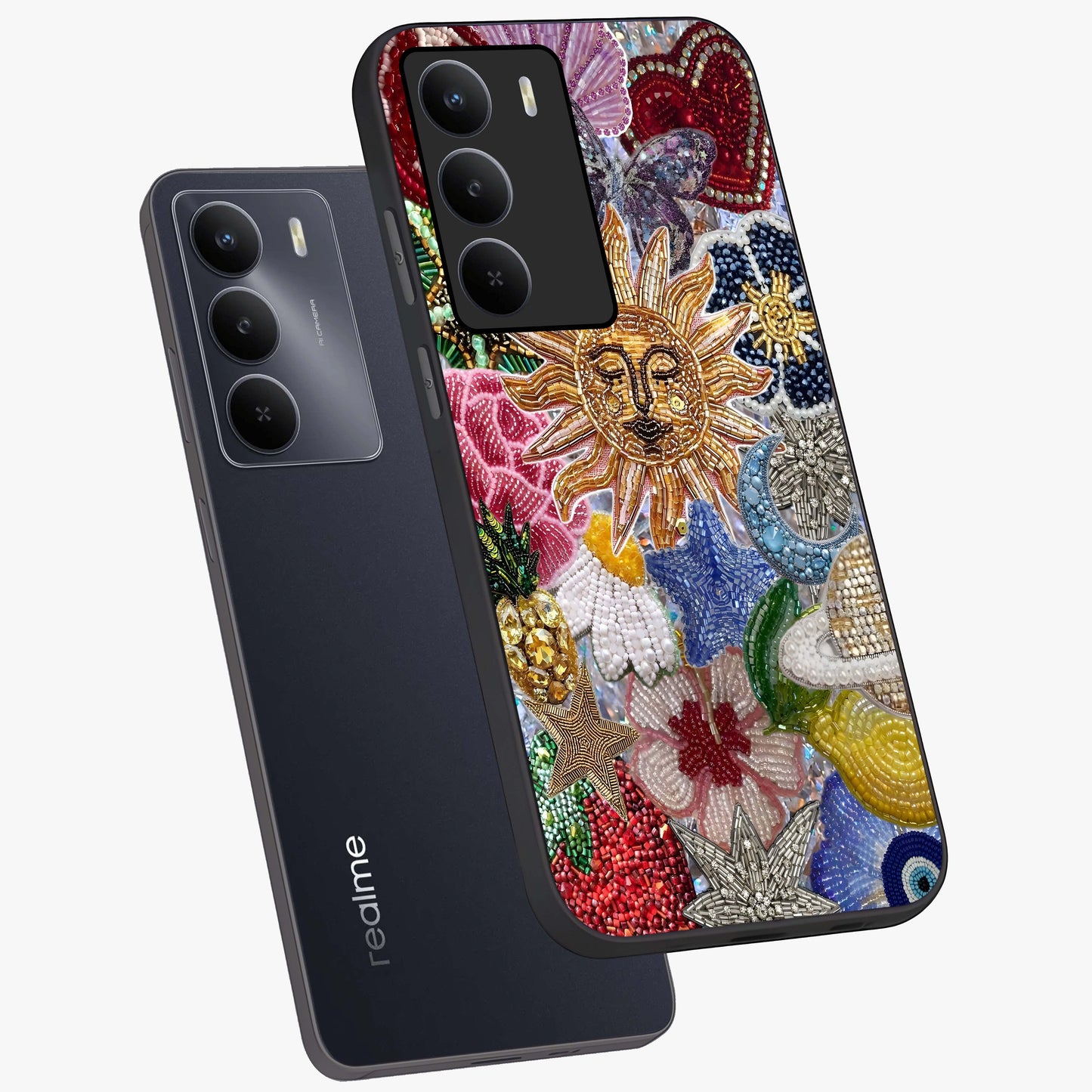 Celestial Floral and Playful Glass Case displayed in angled mockup highlighting playful floral design with dreamy celestial elements.