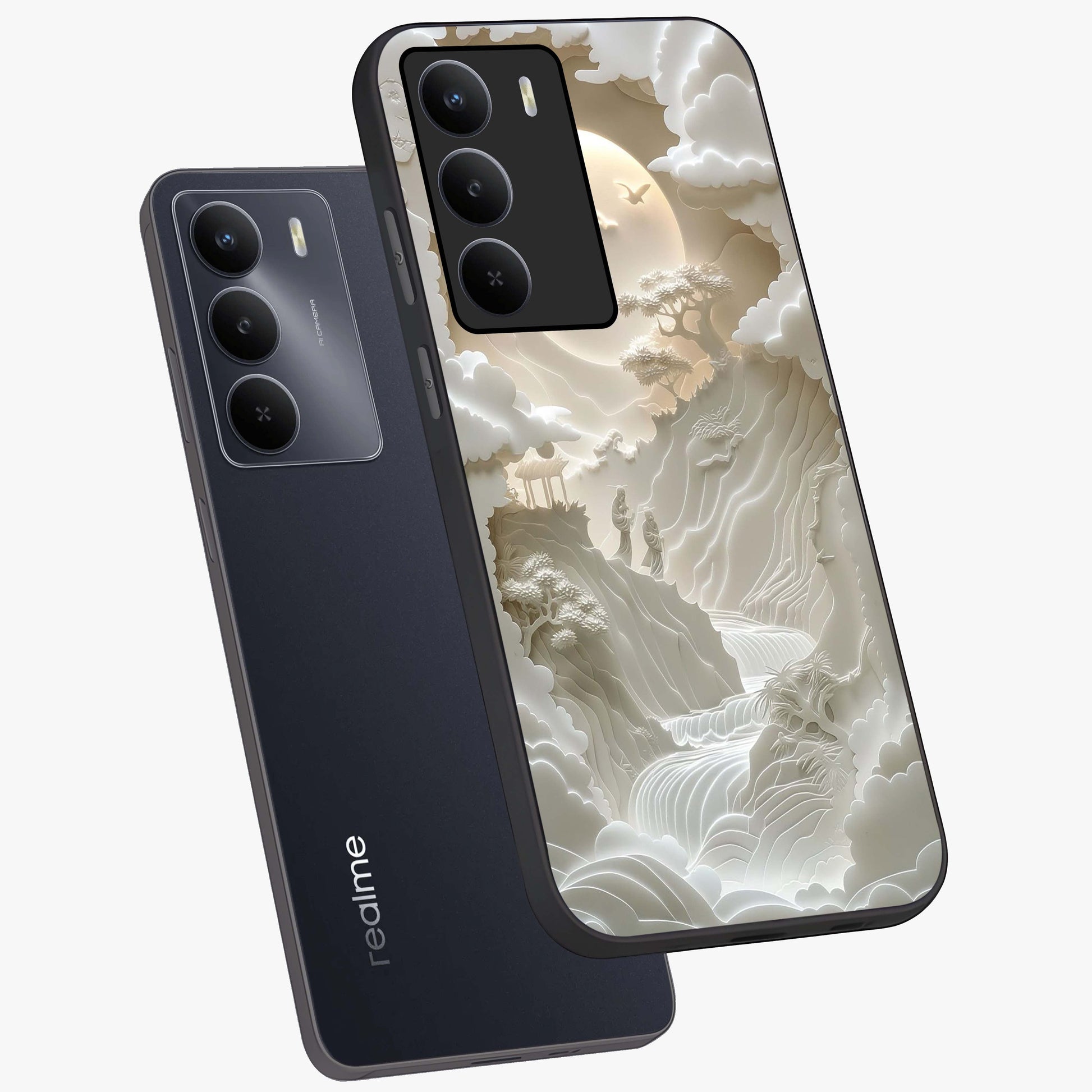 Celestial Origami Glass Case displayed in angled mockup highlighting geometric origami design with cosmic aesthetic theme.
