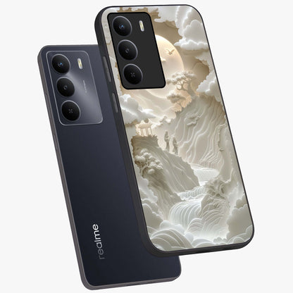 Celestial Origami Glass Case displayed in angled mockup highlighting geometric origami design with cosmic aesthetic theme.