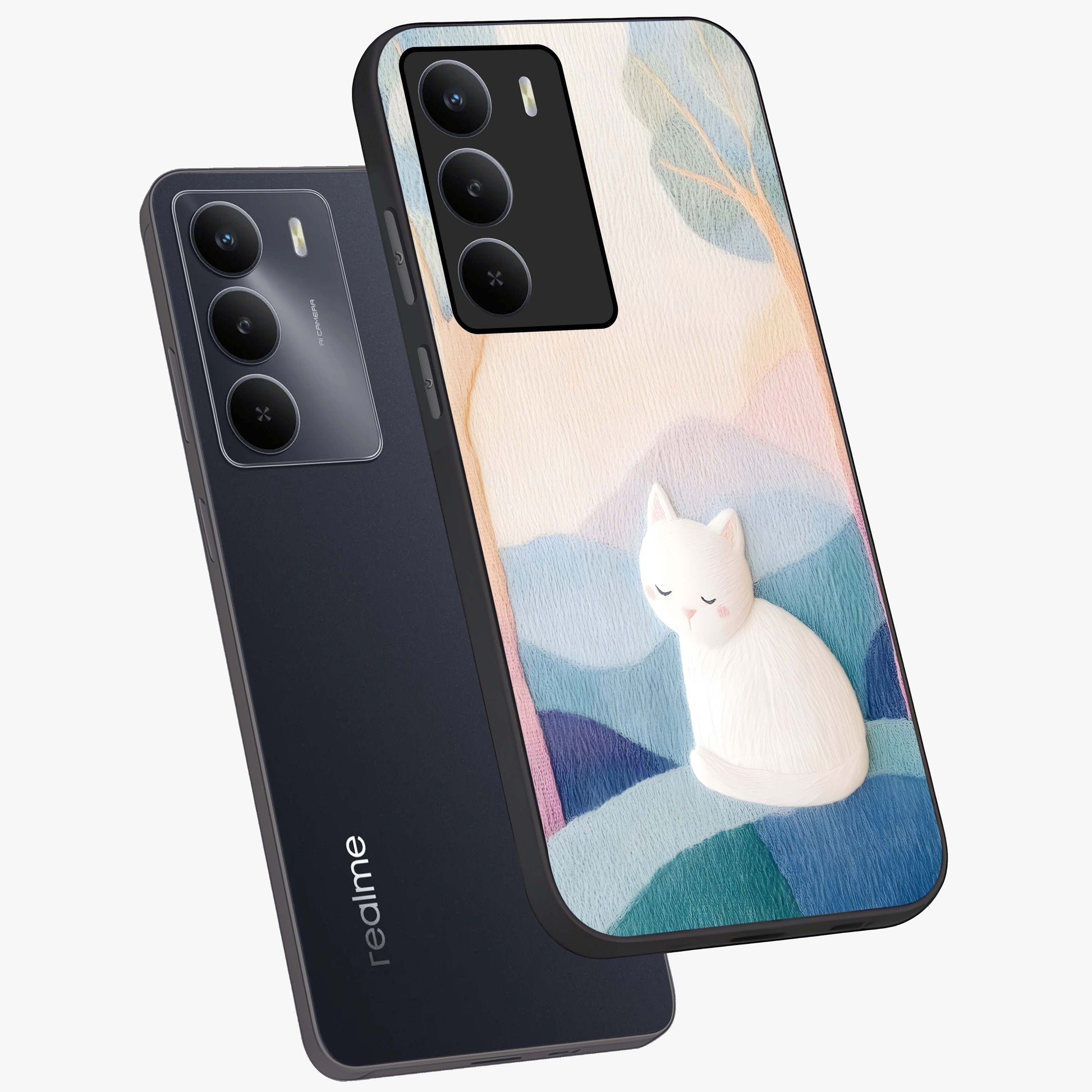 Cotton Dream Cat Glass Case displayed in angled mockup highlighting cute feline illustration with pastel aesthetic style.