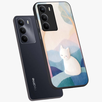 Cotton Dream Cat Glass Case displayed in angled mockup highlighting cute feline illustration with pastel aesthetic style.