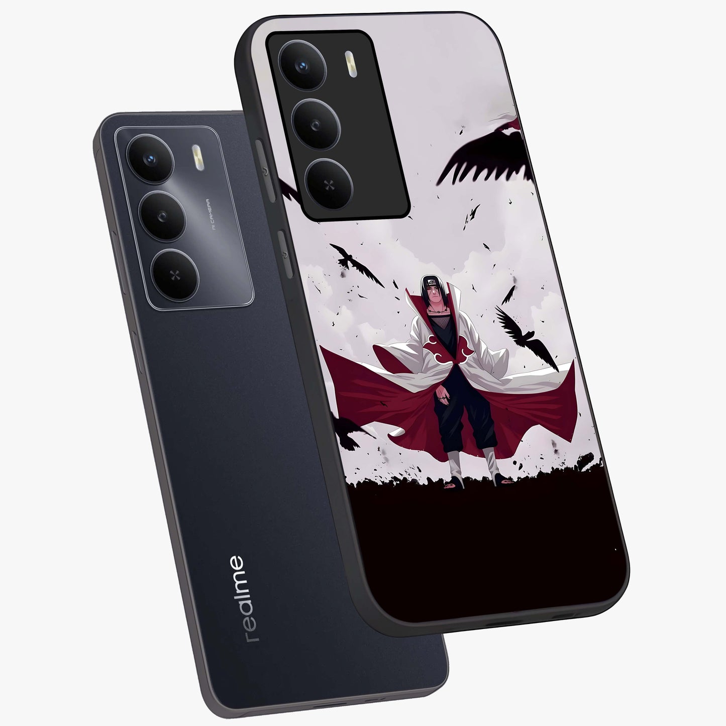 Crimson Crow Ascension Glass Case displayed in angled mockup highlighting powerful crow illustration with dark crimson aesthetic.