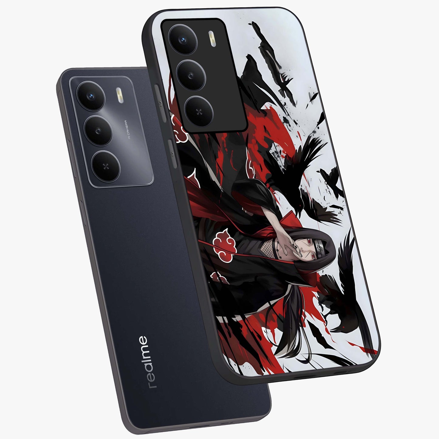 Crimson Crow Illusion Glass Case displayed in angled mockup highlighting mysterious crow graphic with dark aesthetic style.