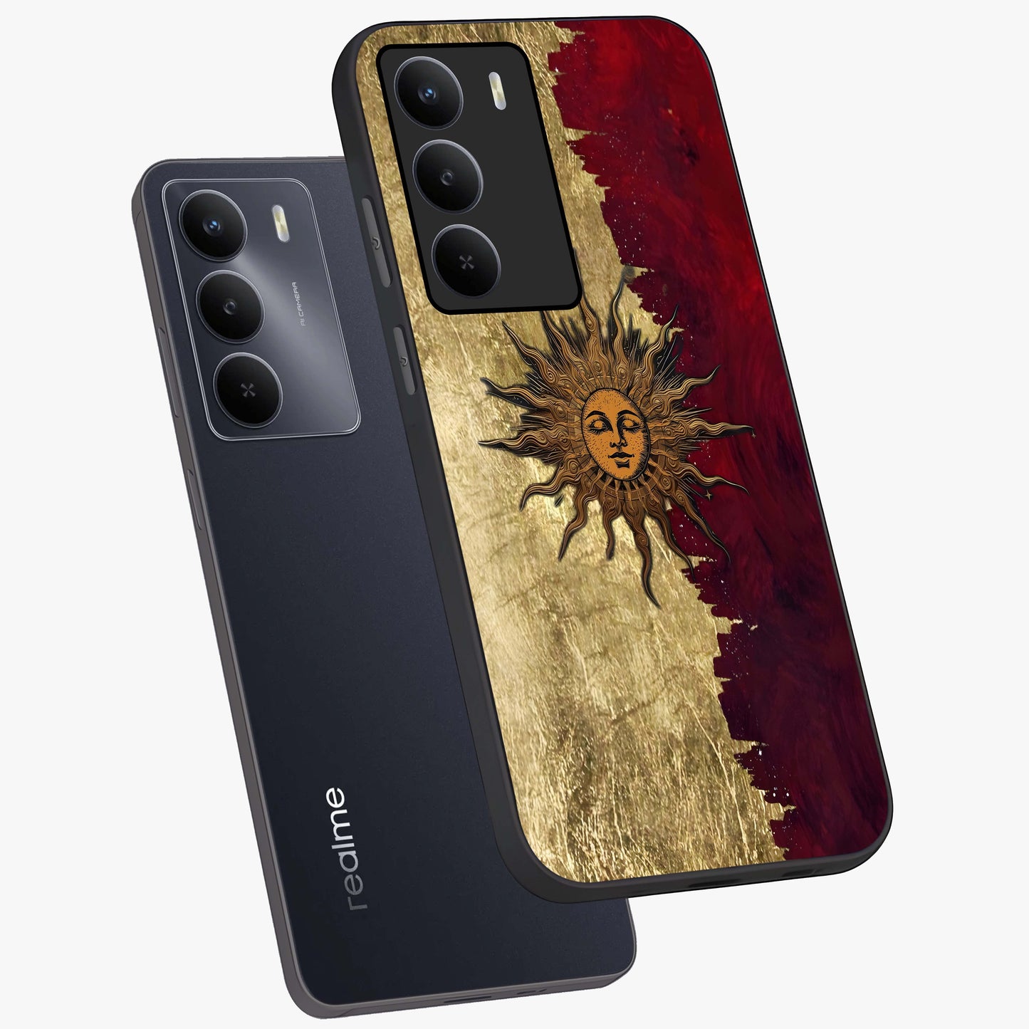 Crimson Sun Majesty Glass Case displayed in angled mockup highlighting majestic crimson sun design with bold aesthetic style.