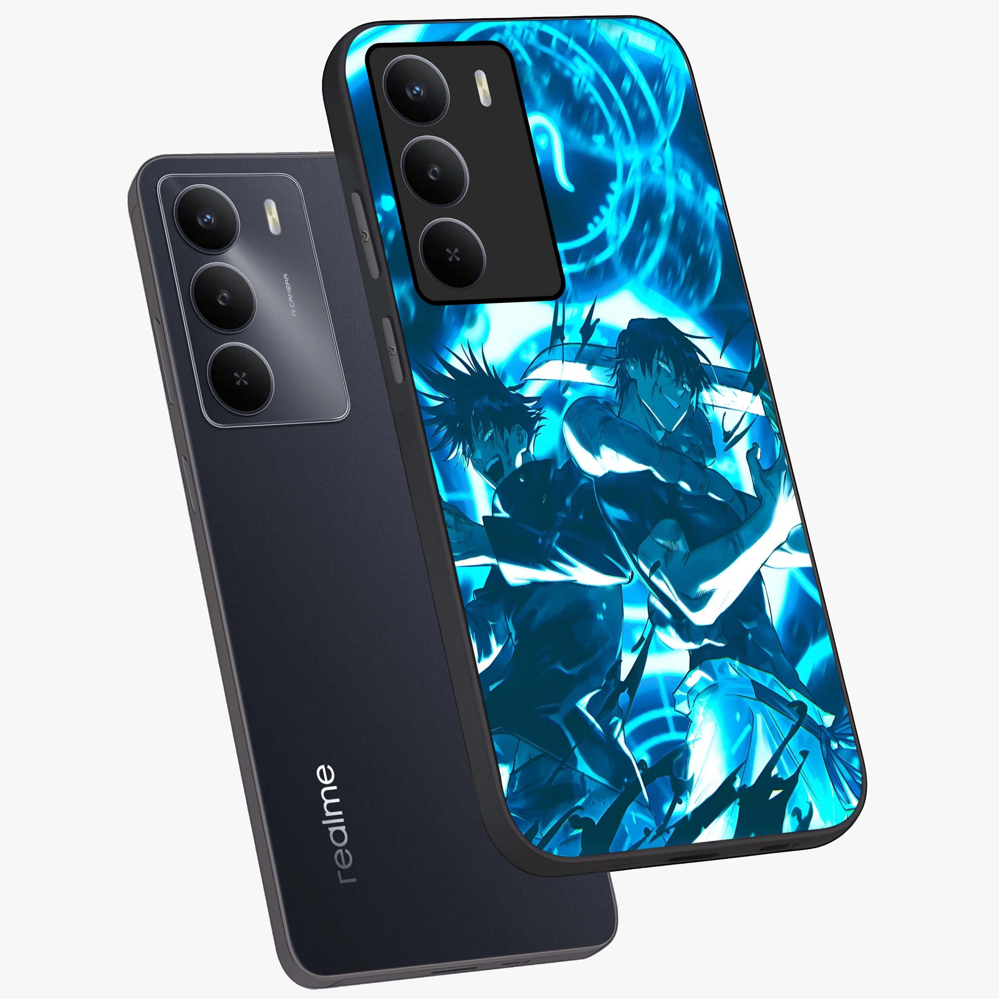 Cursed Energy Clash Glass Case displayed in angled mockup highlighting powerful battle inspired graphic with anime style aesthetic.