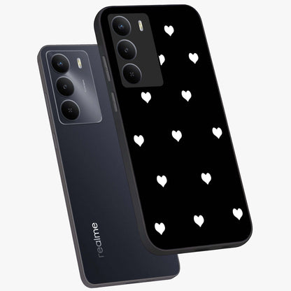Cute And Simple White Hearts Glass Case displayed in angled mockup highlighting cute heart design with clean aesthetic style.