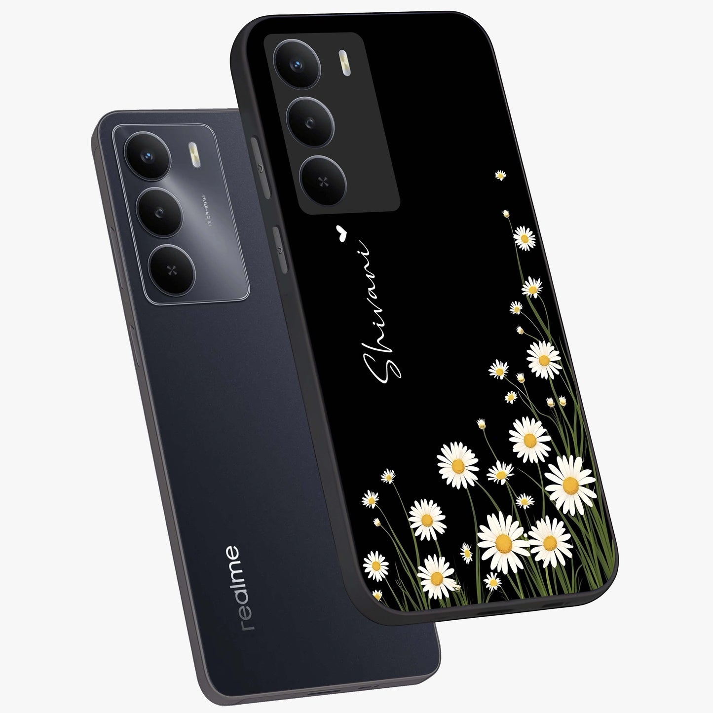 Daisy Cascade Custom Name Glass Case displayed in angled mockup highlighting delicate daisy artwork with custom name feature.