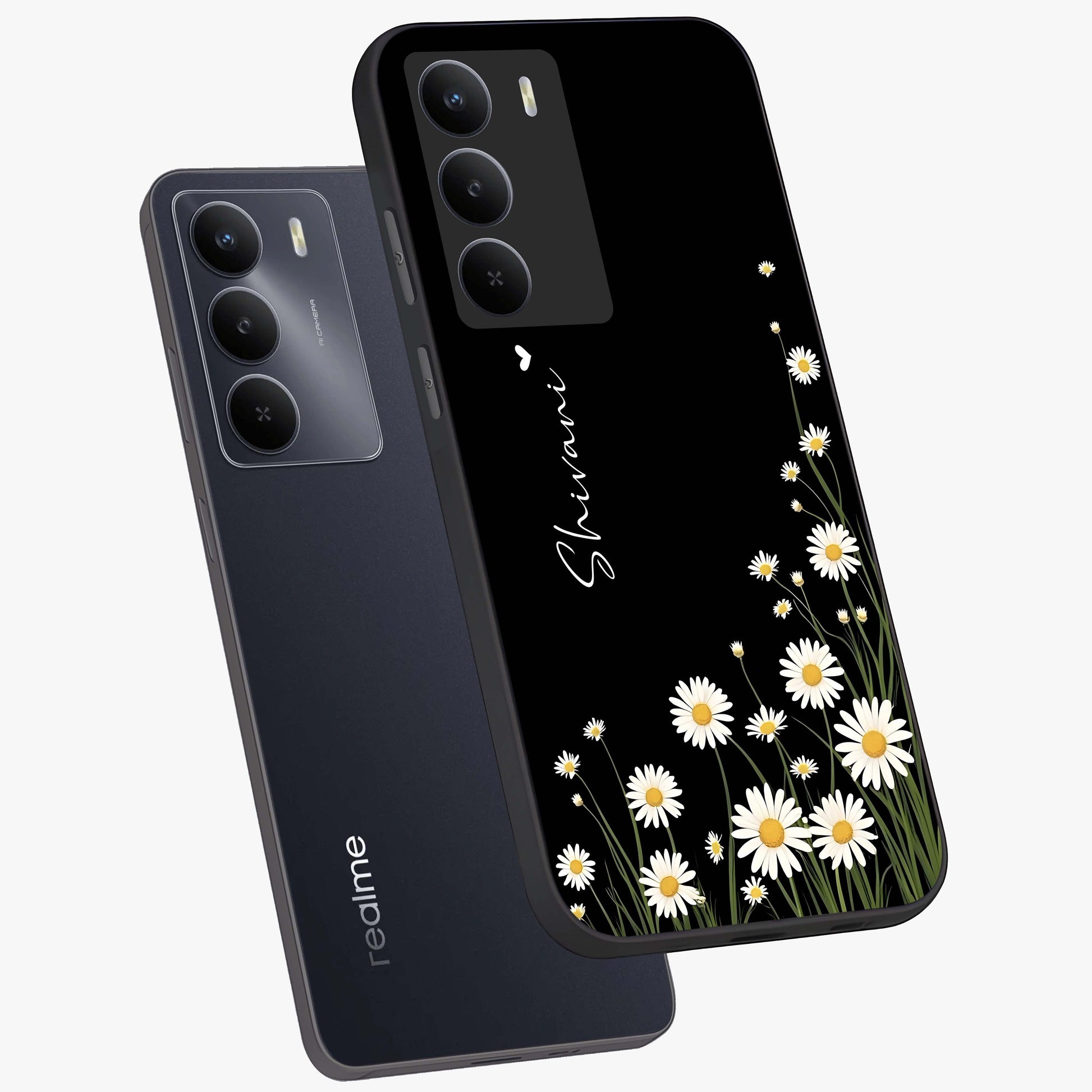 Daisy Cascade Custom Name Glass Case displayed in angled mockup highlighting delicate daisy artwork with custom name feature.