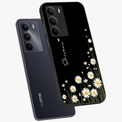 Daisy Cascade Custom Name Glass Case displayed in angled mockup highlighting delicate daisy artwork with custom name feature.