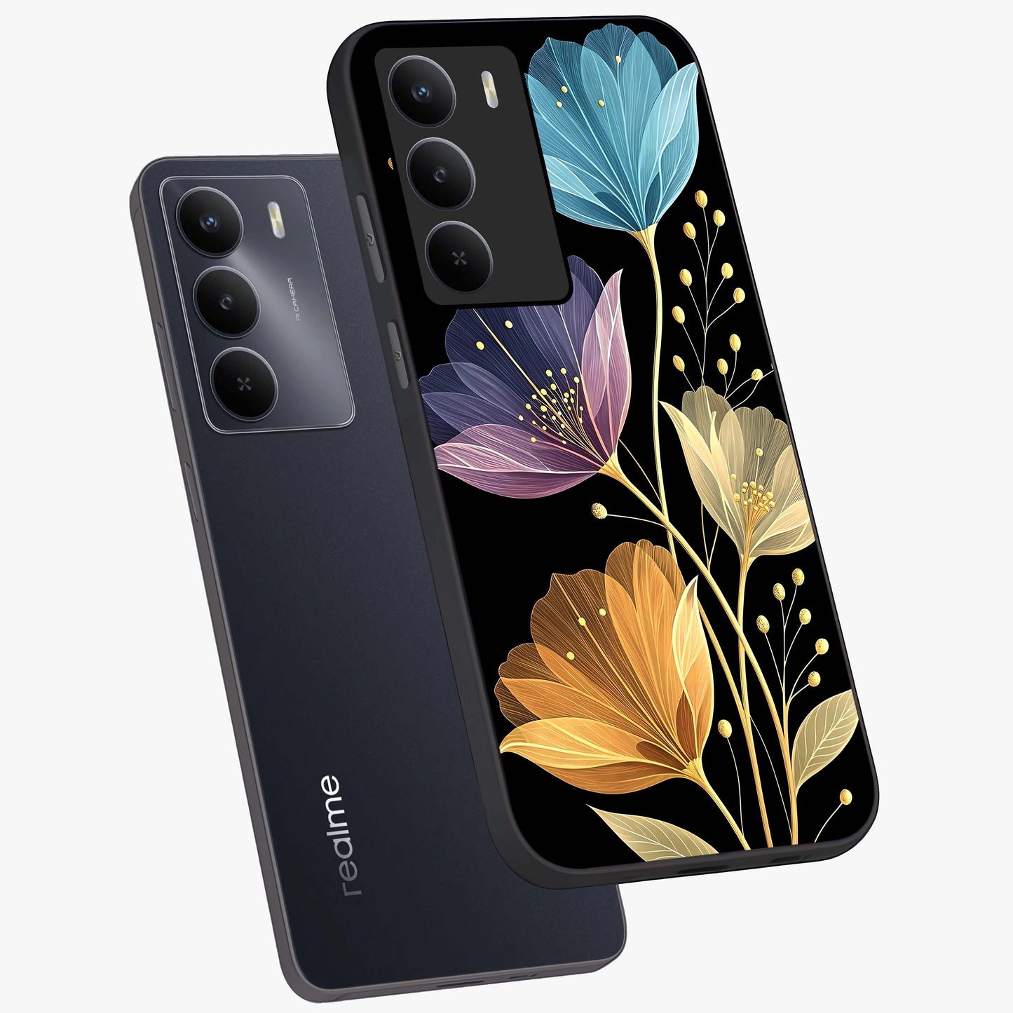 Delicate Multicolor Flowers Glass Case displayed in angled mockup highlighting colorful flower pattern with soft aesthetic style.