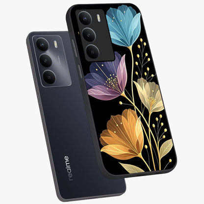 Delicate Multicolor Flowers Glass Case displayed in angled mockup highlighting colorful flower pattern with soft aesthetic style.