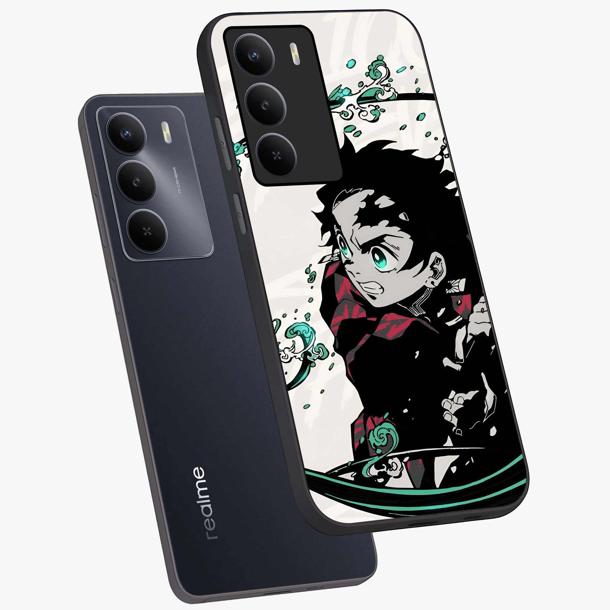 Demon Slayer Glass Case displayed in angled mockup highlighting dramatic anime character design with action aesthetic.