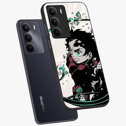Demon Slayer Glass Case displayed in angled mockup highlighting dramatic anime character design with action aesthetic.