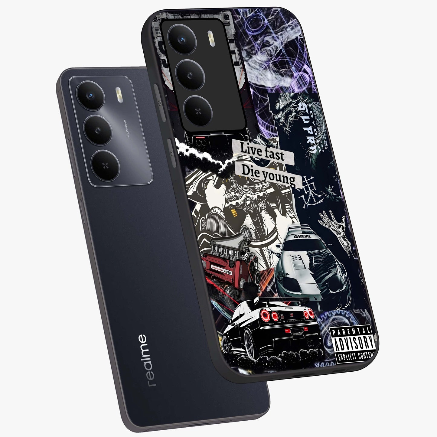 Die Young Glass Case displayed in angled mockup highlighting expressive graphic artwork with edgy aesthetic style.