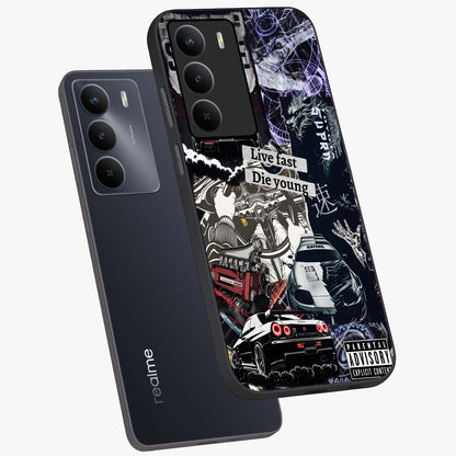 Die Young Glass Case displayed in angled mockup highlighting expressive graphic artwork with edgy aesthetic style.