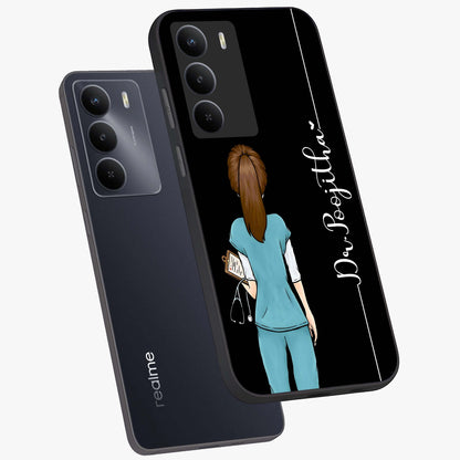 Doctor Pattern Custom Name Glass Case displayed in angled mockup highlighting doctor inspired artwork with custom name feature.