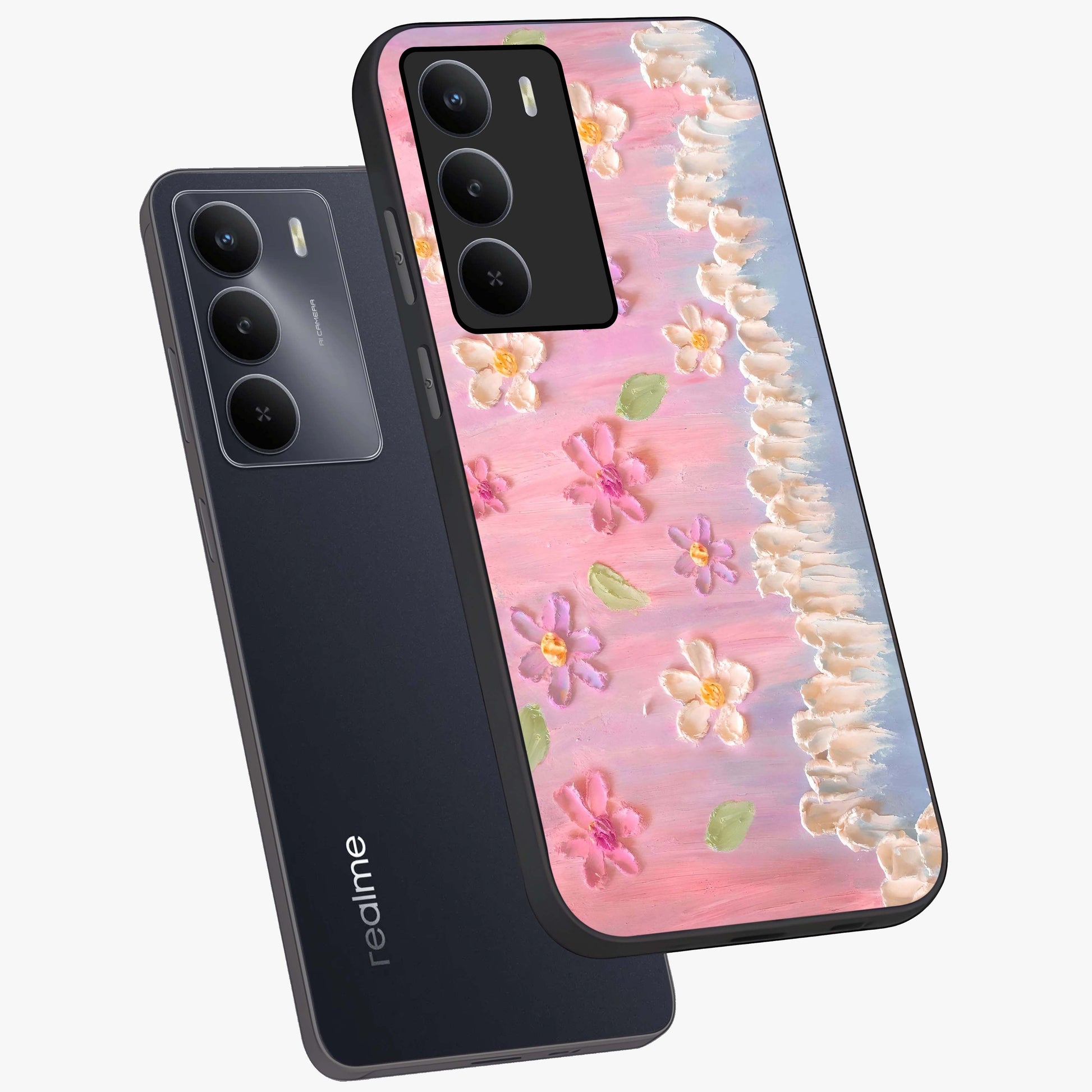 Dreamy Painted Garden Glass Case displayed in angled mockup highlighting colorful garden illustration with dreamy aesthetic style.