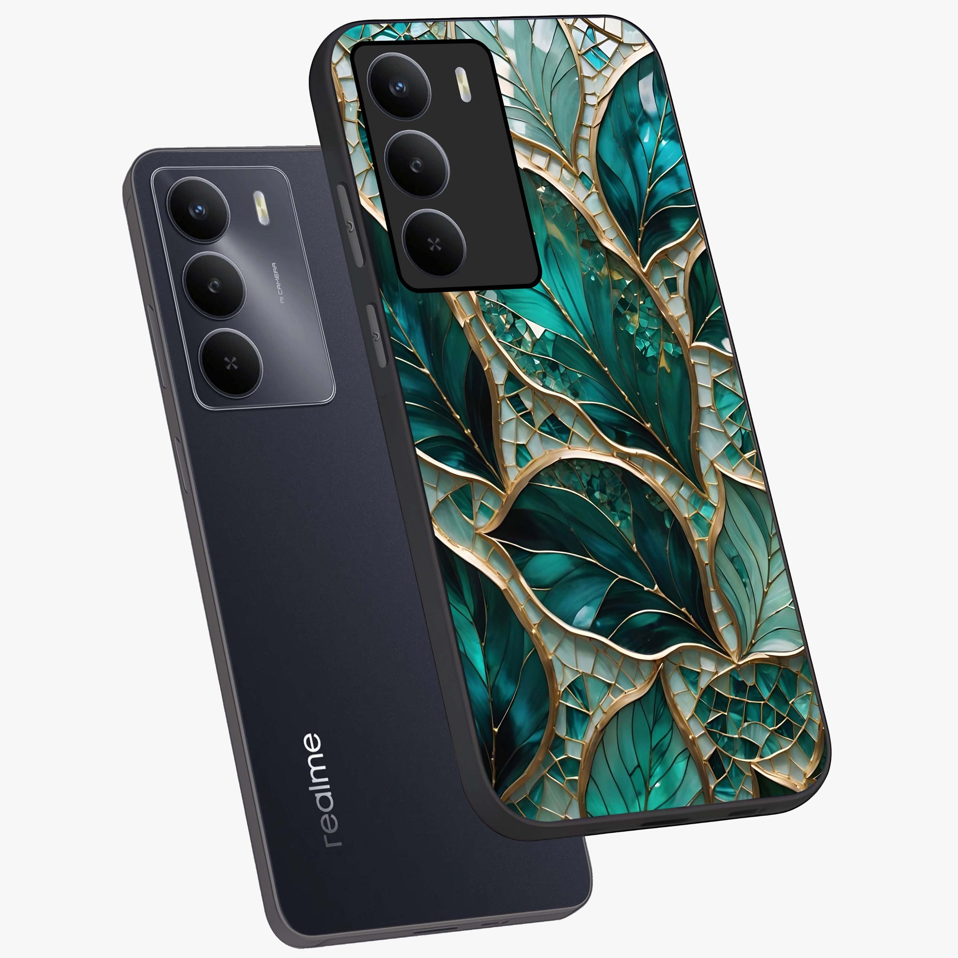 Emerald Leaf Glass Glass Case displayed in angled mockup highlighting botanical leaf illustration with elegant natural aesthetic.
