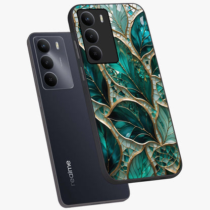 Emerald Leaf Glass Glass Case displayed in angled mockup highlighting botanical leaf illustration with elegant natural aesthetic.
