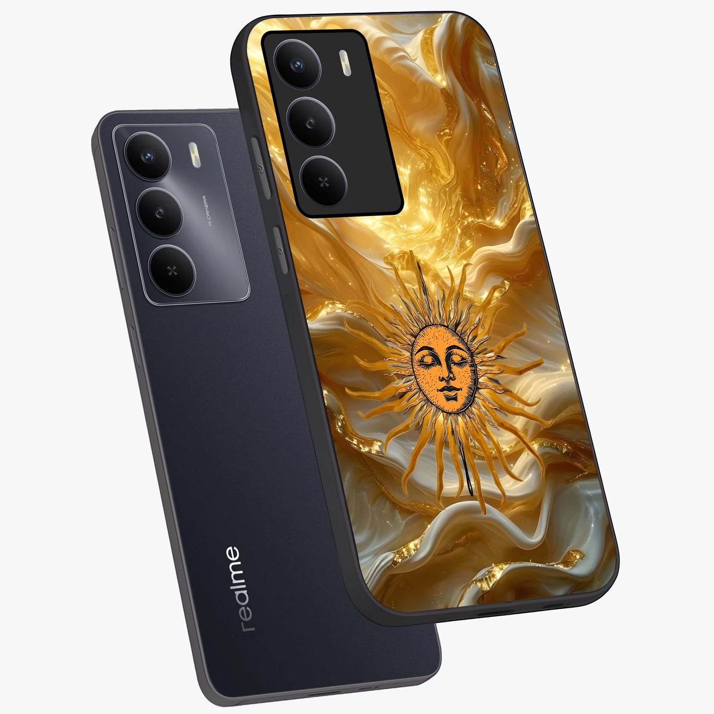 Eternal Golden Glow Glass Case displayed in angled mockup highlighting glowing golden aesthetic design with elegant style.