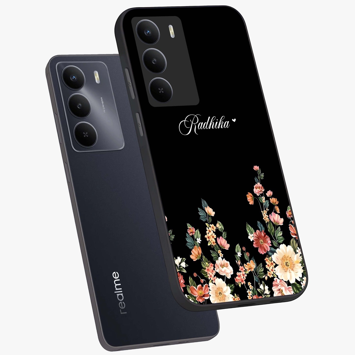 Floral Design With a Custom Personalized Name Glass Case displayed in angled mockup highlighting elegant floral pattern with custom name feature.