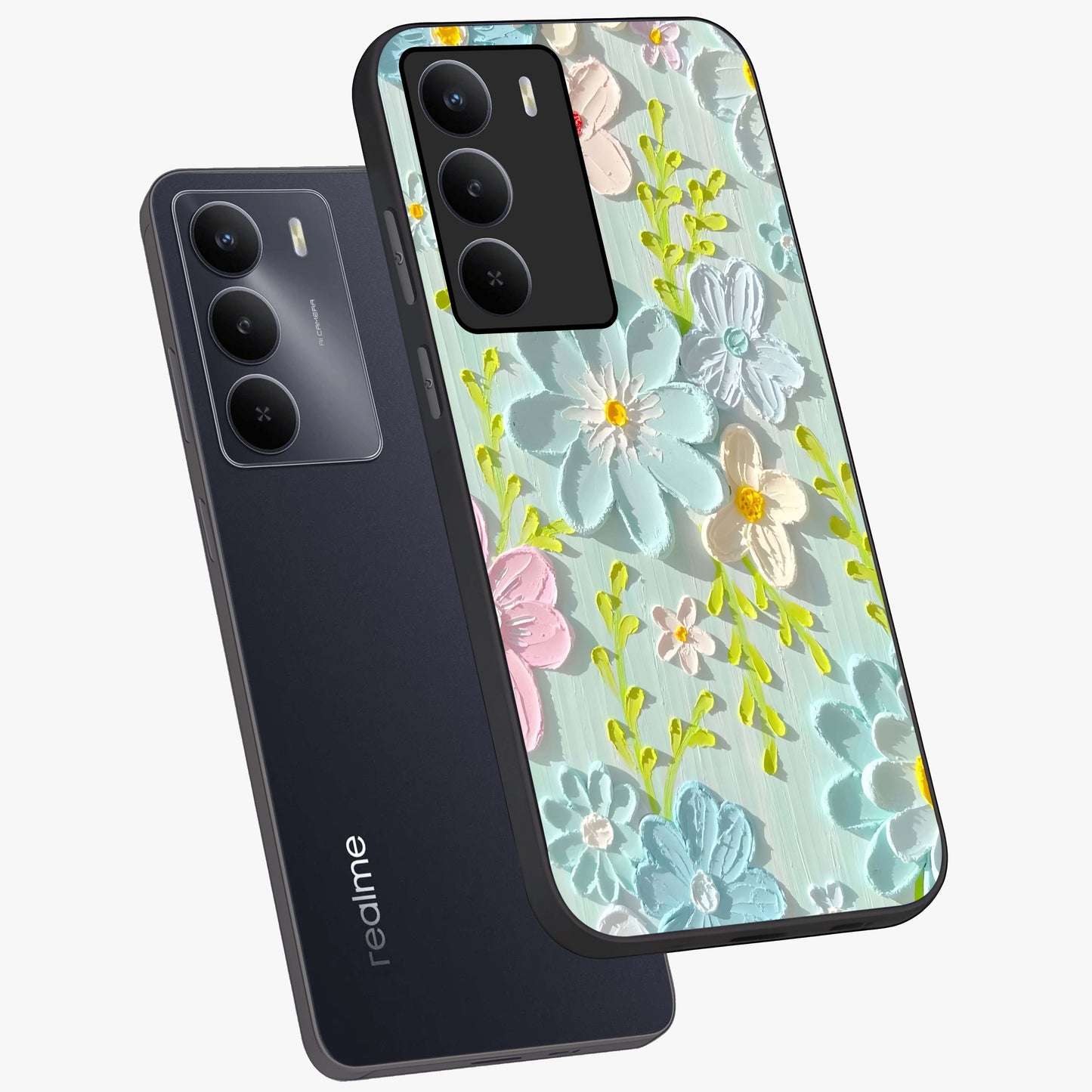 Frosted Petal Garden Glass Case displayed in angled mockup highlighting delicate flower petal design with calm garden aesthetic.