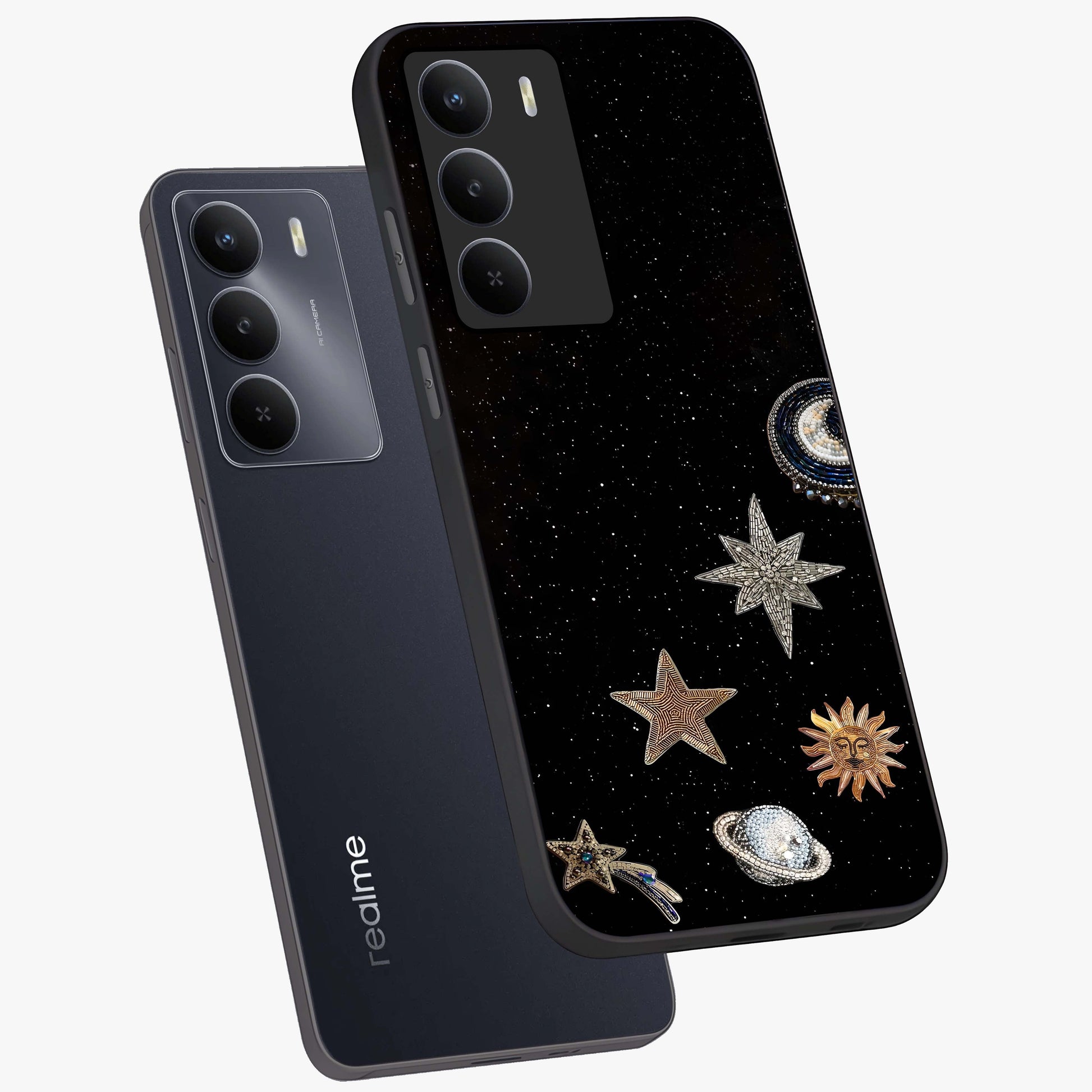 Galactic Charm Glow Glass Case displayed in angled mockup highlighting luminous galaxy inspired design with dreamy aesthetic.