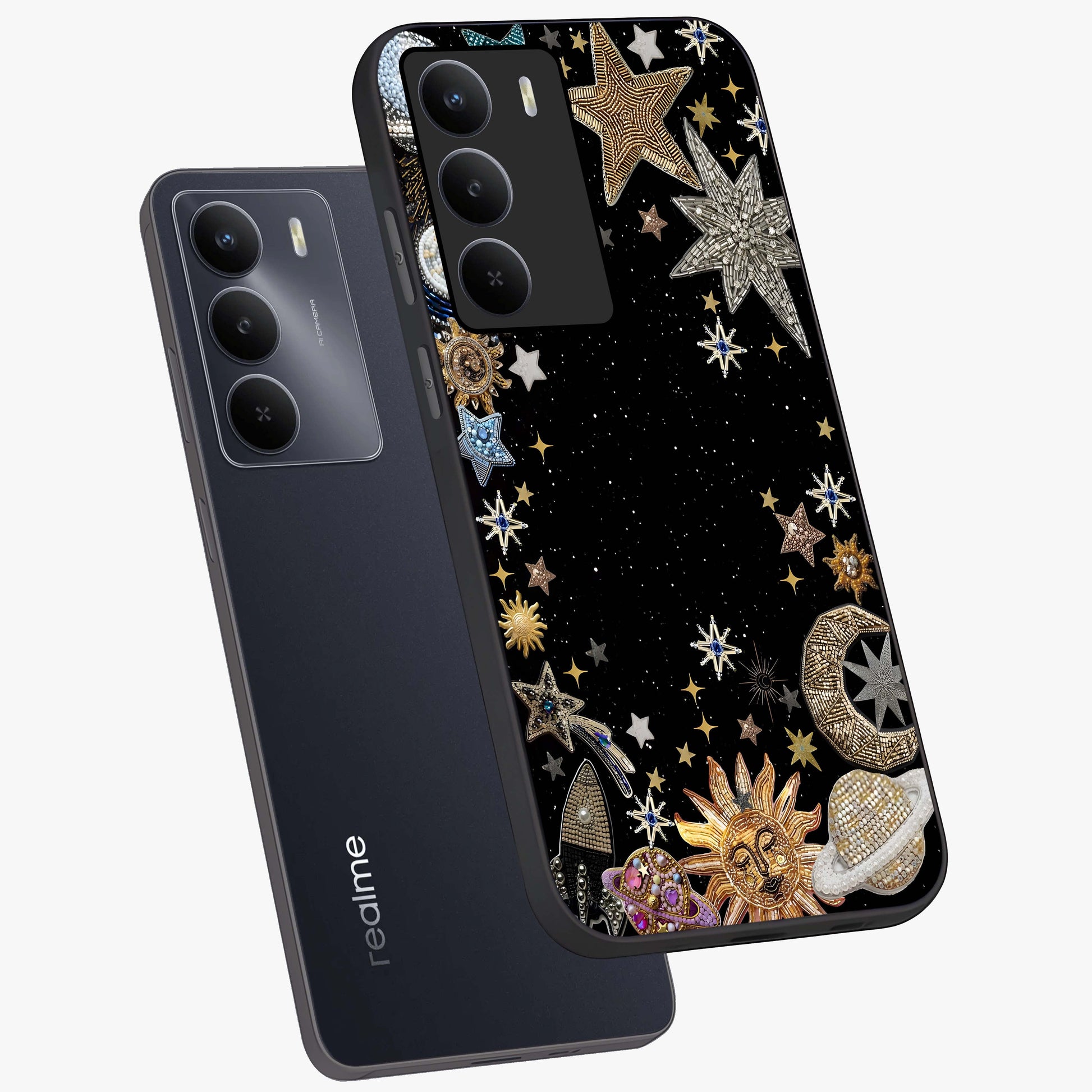 Galactic Jewel Stars Glass Case displayed in angled mockup highlighting shining celestial star design with cosmic aesthetic style.