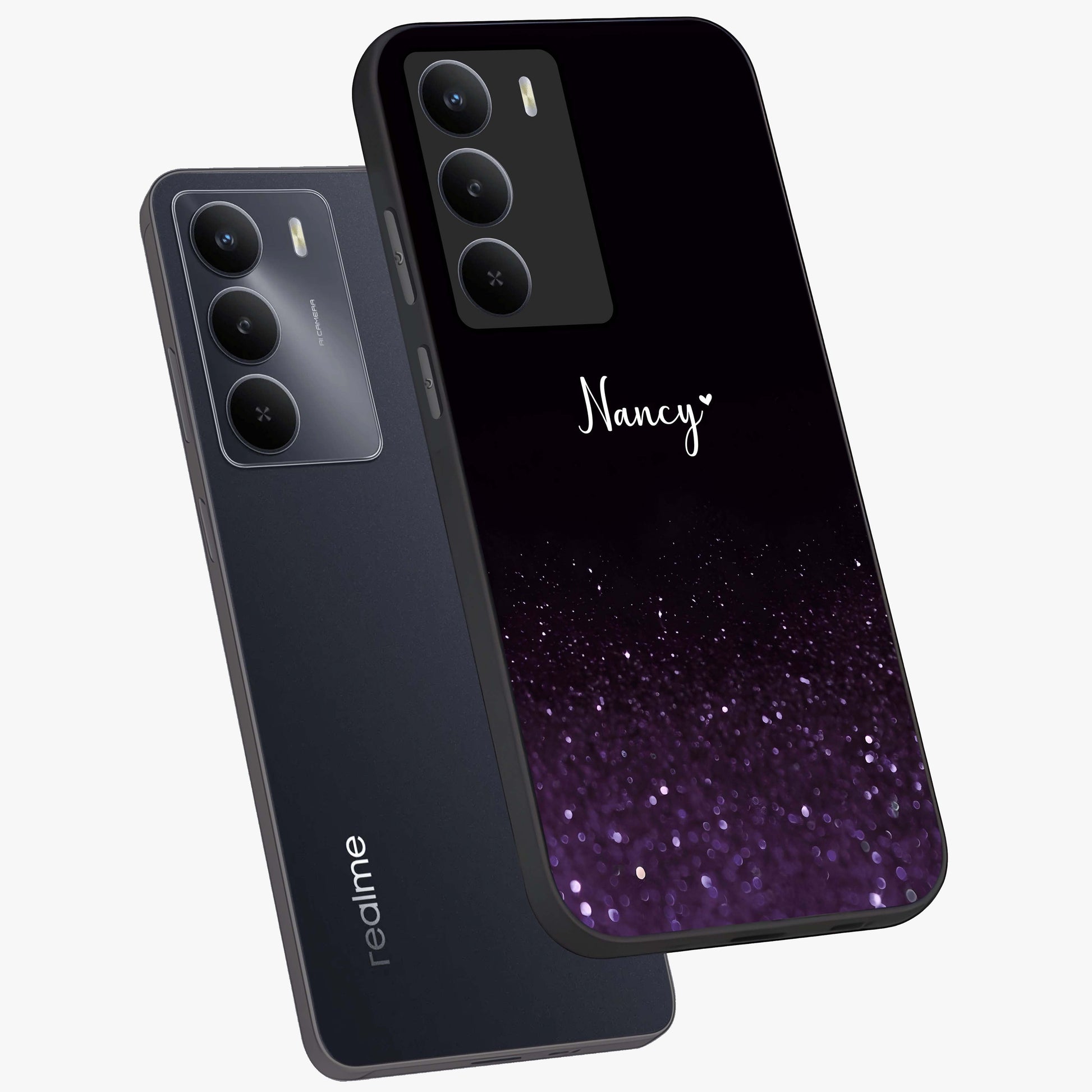 Glittery Purple Bokeh Custom Name Glass Case displayed in angled mockup highlighting glitter bokeh pattern with custom name feature.
