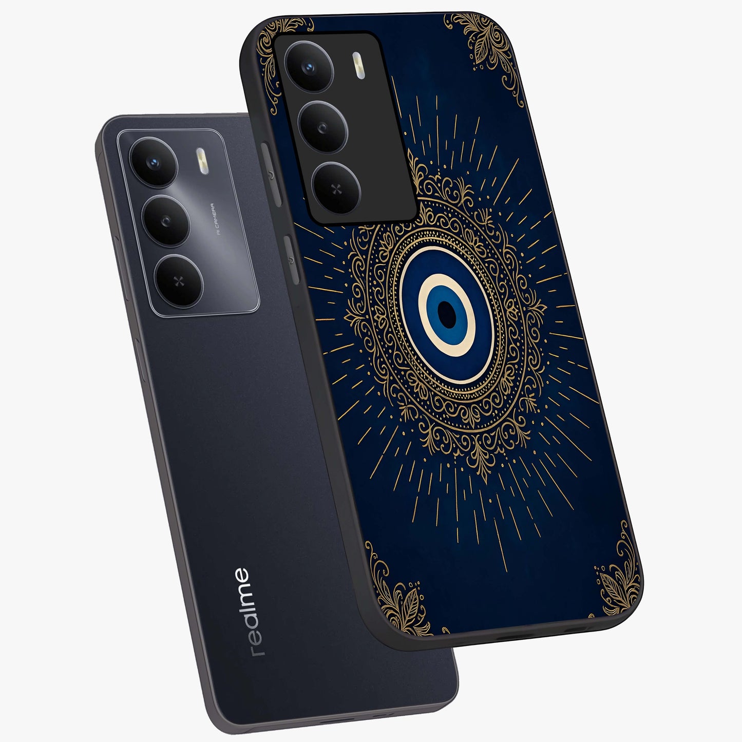 Golden Celestial Charm Glass Case displayed in angled mockup highlighting sparkling cosmic charm design with celestial aesthetic.