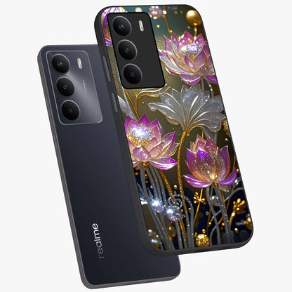 Golden Floral Majesty Glass Case displayed in angled mockup highlighting elegant flower design with royal golden aesthetic.
