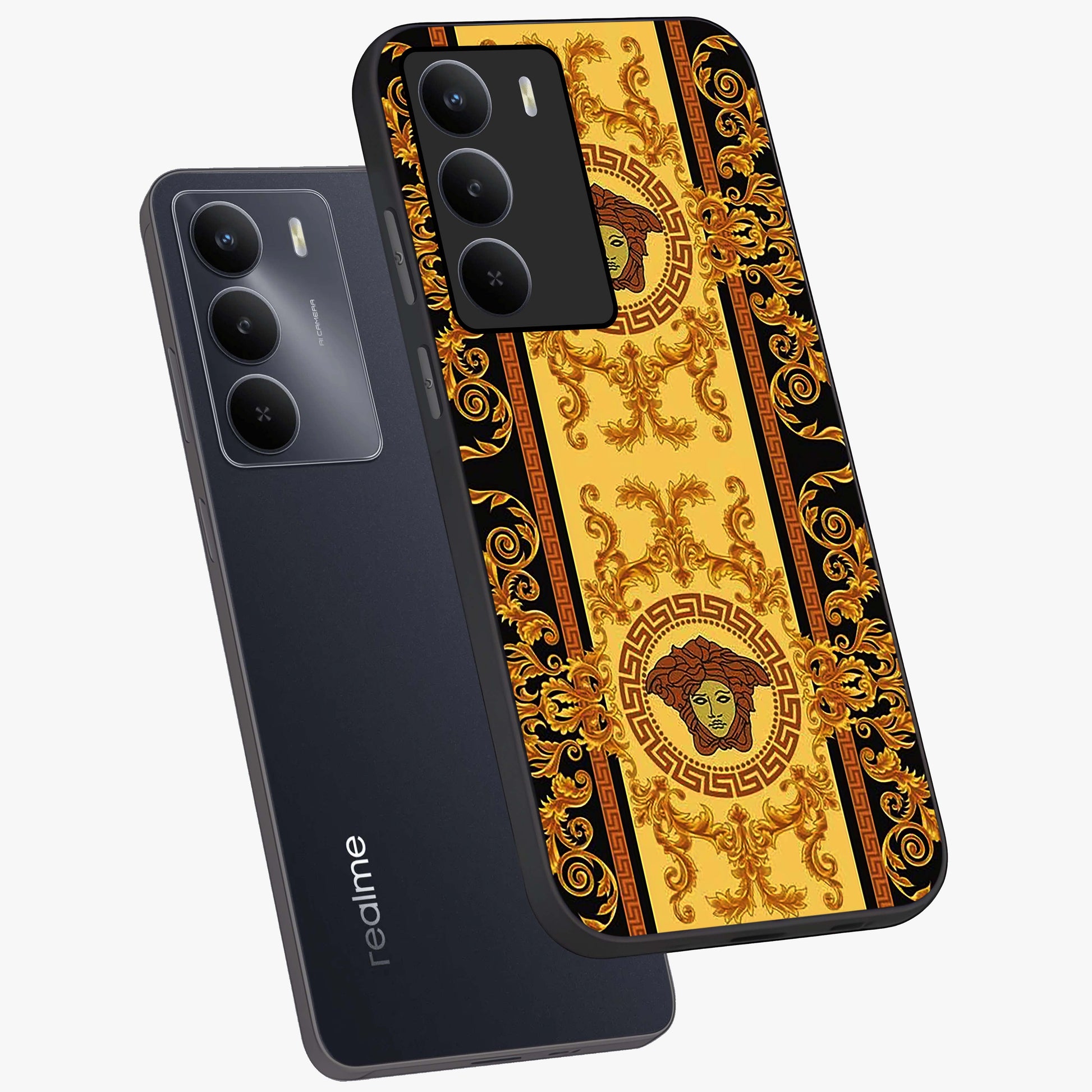 Golden Lotus Glow Glass Case displayed in angled mockup highlighting radiant lotus illustration with spiritual aesthetic.