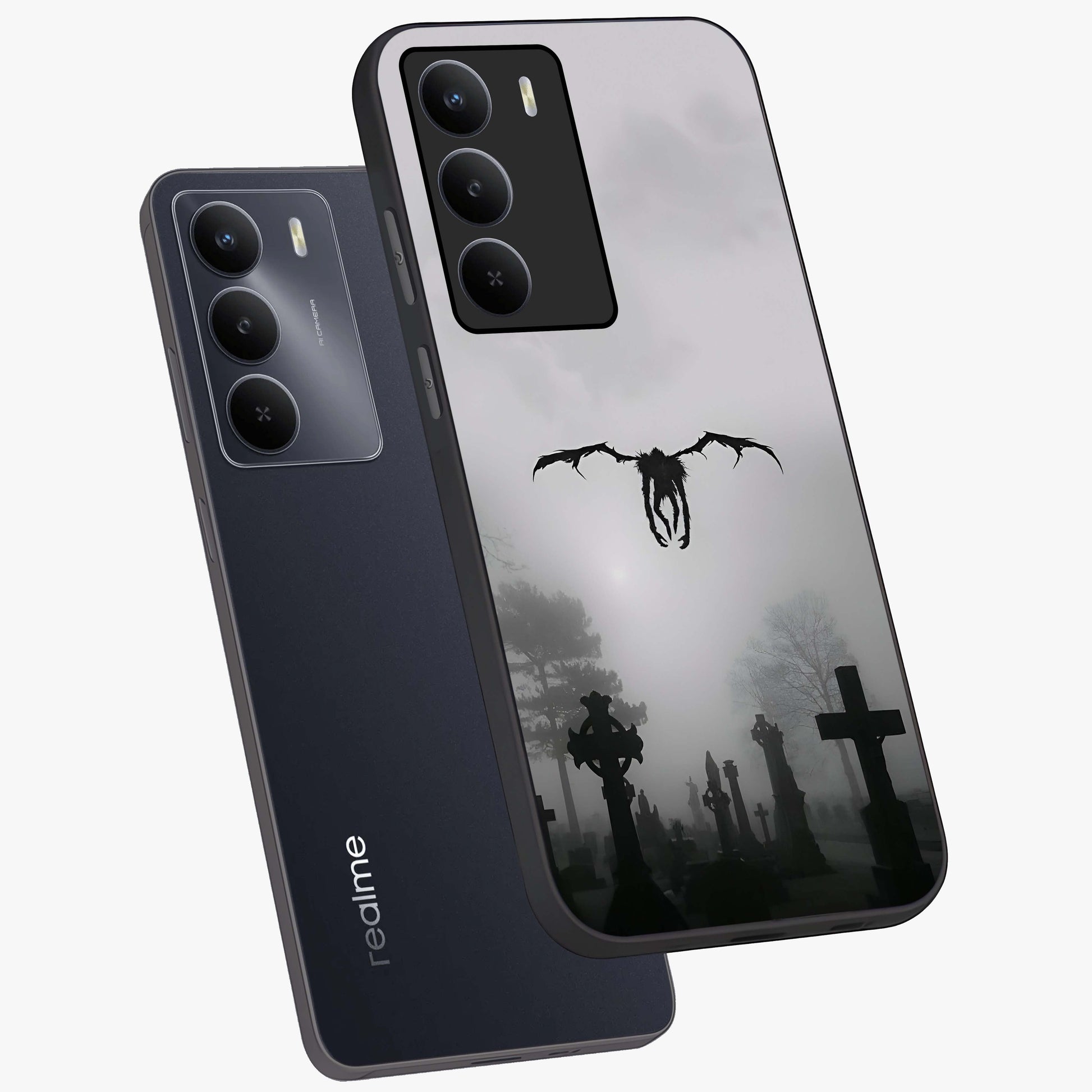 Graveyard Shadow Descent Glass Case displayed in angled mockup highlighting eerie shadow illustration with gothic aesthetic.