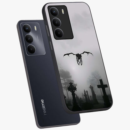 Graveyard Shadow Descent Glass Case displayed in angled mockup highlighting eerie shadow illustration with gothic aesthetic.