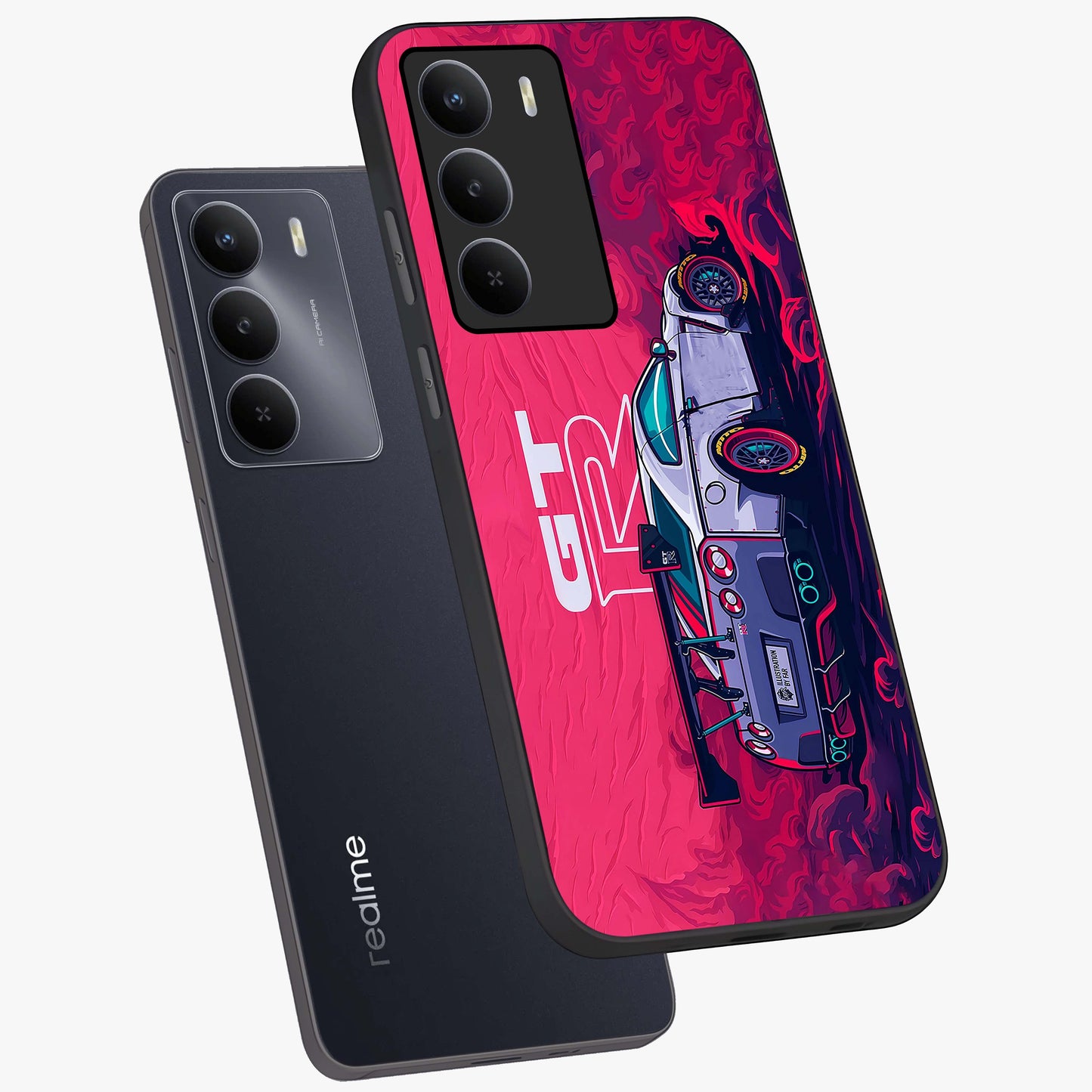 GT-R Car Pattern Glass Case displayed in angled mockup highlighting racing car graphic design with bold automotive aesthetic.