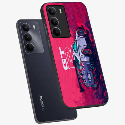 GT-R Car Pattern Glass Case displayed in angled mockup highlighting racing car graphic design with bold automotive aesthetic.