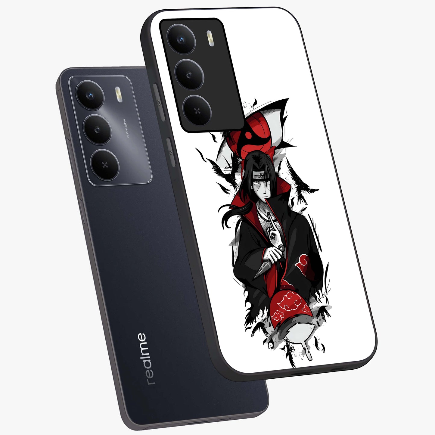 Itachi Limited Edition Naruto Anime Glass Case displayed in angled mockup highlighting dramatic anime illustration with bold action aesthetic.